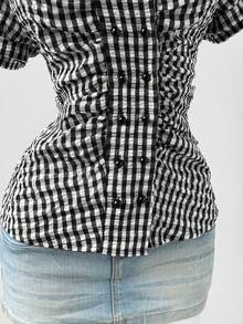 Sunspun Casual Round Neck Double-Breasted Pleated Fitted Shirt - Black and White - View 3