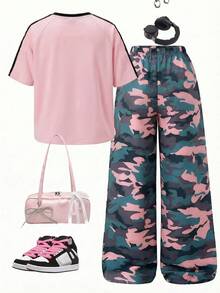 SHEIN 两件套少女舒适宽松户外街头运动风套装，粉色超大T恤+迷彩阔腿裤 - 彩色 - 查看 2