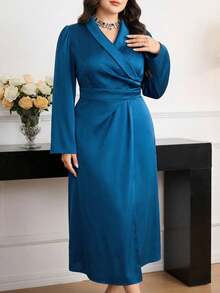 Modelyn Plus Size Solid Color Wrap Ruched Elegant Long Sleeve Dress - Blue - View 3