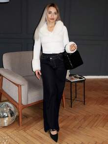 salliqueen Áo khoác cardigan tay dài màu đen cổ bẻ, tay dài, dáng ôm sát, màu đen, dành cho mùa thu/đông - trắng - Xem 1