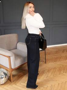 salliqueen Quần jeans ống rộng cạp bất đối xứng dành cho nữ - Rửa tối - Xem 5