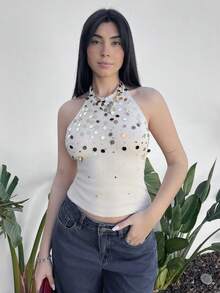 Hitanina 系带露背亮片针织上衣，亮片刺绣露背上衣，四季皆宜，Y2K 上衣，秋季女装 - 杏色 - 查看 6