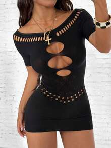 EgrlEra 女士性感黑色短袖提花迷你连衣裙 - 黑色 - 查看 3