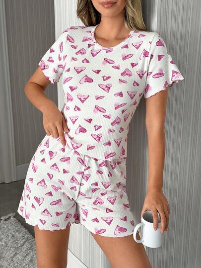 SHEIN Cotton 2pcs White With Big Purple Heart Pattern Rib Knit Round Neck Short Sleeved Shirt&Short Contrast Stitch Detailed Homewear Comfort Casual Women 2pcs Pajama Set