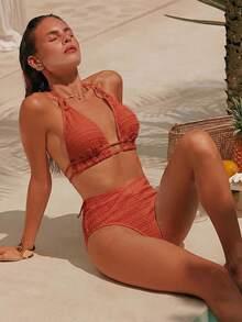 Swim Basics Conjunto de biquíni feminino de verão para praia, cor sólida, com amarração no pescoço, sexy e elegante. - Ferrugem Marrom - Ver 5