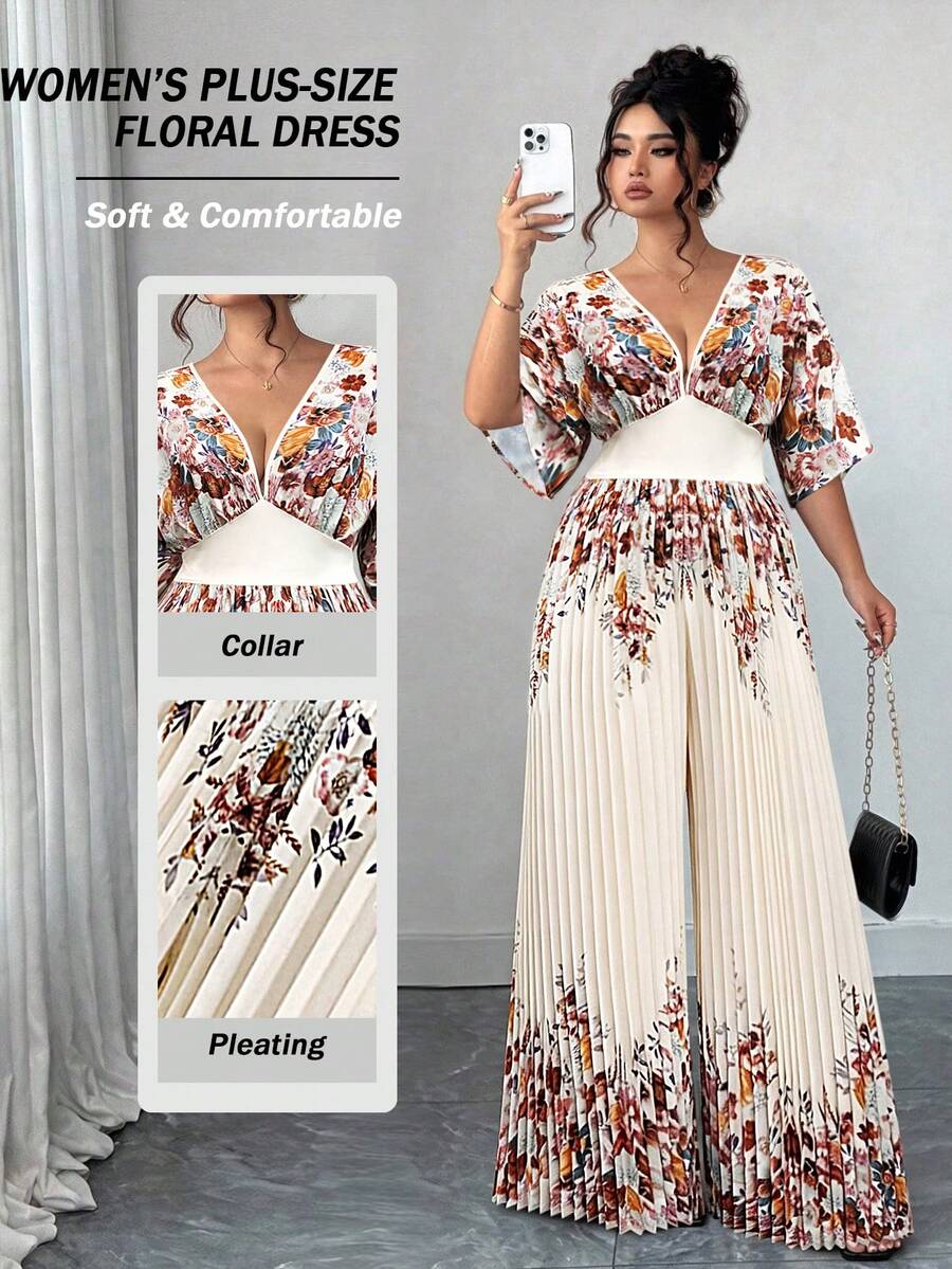 Elenzga Women's Printed Deep V Neck Batwing Sleeve Pleated Elegant Jumpsuit Business Casual Summer Women Outfit Western Wear Vacation Outfits Woman 2 Piece Boho Jumpsuit Two Piece Set Women Elegant - Multicolor - View 1
