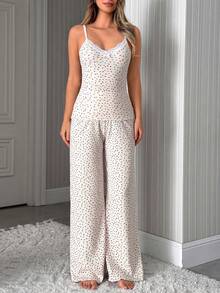 SHEIN Bộ đồ mặc nhà 2 mảnh dành cho nữ, màu mơ, chất liệu cotton dệt kim gân, họa tiết nhiều màu sắc, phối ren tương phản ở cổ, gồm áo không tay và quần dài. Sản phẩm thoải mái, thoáng khí, thích hợp cho mùa hè. - Nhiều màu - Xem 3