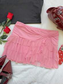 SHEIN EZwear 女士时尚不对称下摆荷叶边腰粉色蛋糕裙 - 粉色 - 查看 5