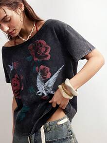 Bohemela 波西米亚风度假风不对称领纯色针织宽松休闲女式T恤 - 黑色 - 查看 8