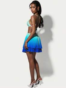 Amplova Women's Pleated Ombre Mini Skirt, A-Line Silhouette, Sexy Open Back, Waist Cutout, Cute Details, Suitable For Vacation Outfit - Multicolor - View 3