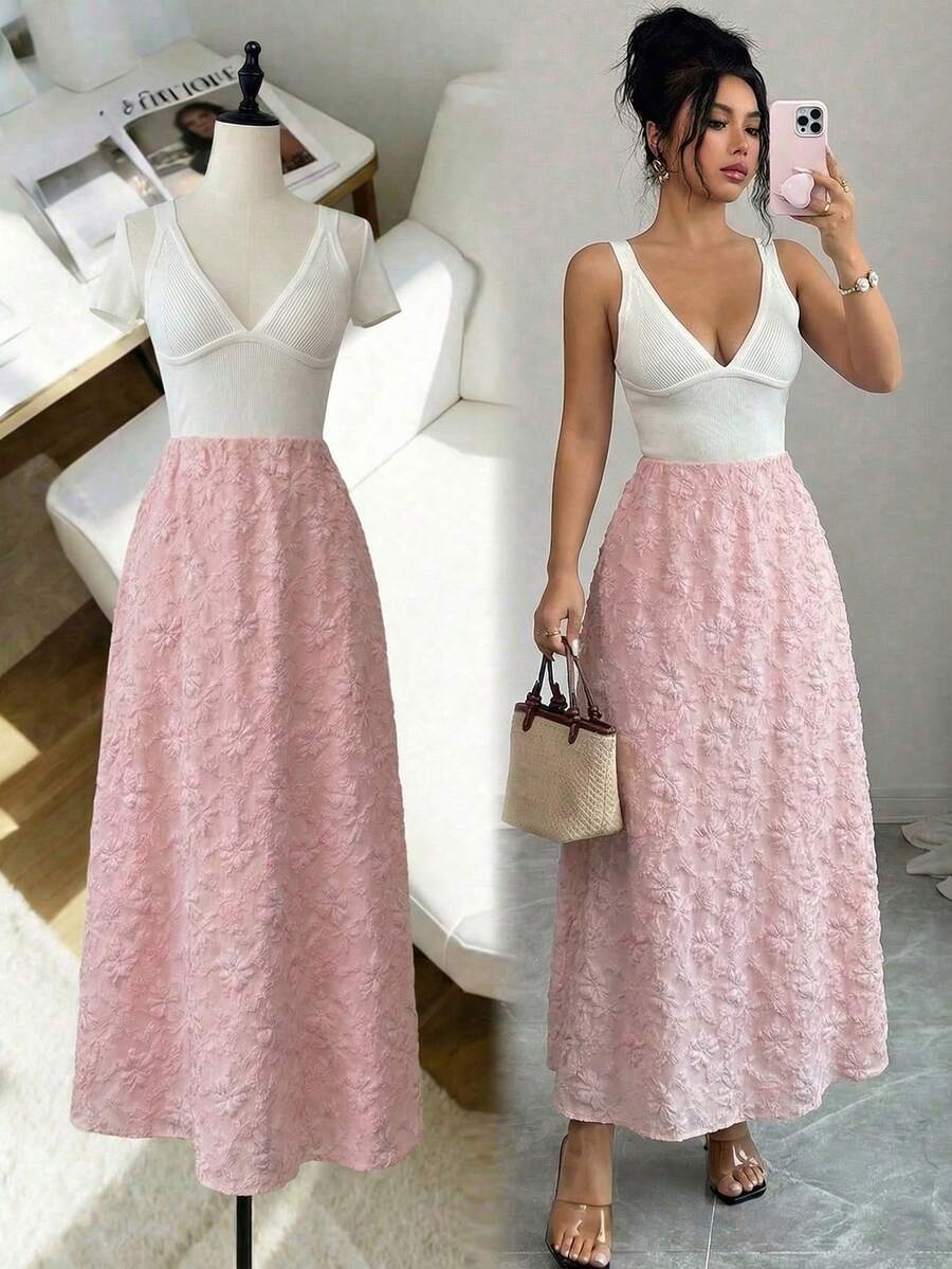 Elenzga 1pc Women's Spring/Summer Floral Jacquard Textured Ruched A-Line Elegant Skirt - Pink - View 1