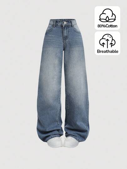 SHEIN Girlism Pantalones vaqueros holgados de ajuste casual con bolsillos y patas anchas para adolescentes, conjunto de ropa vaquera de verano para adolescentes