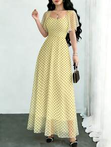 Modelyn Đầm dài nữ tối giản, họa tiết chấm bi, cổ vuông, tay ngắn, kiểu dáng thời trang, ôm eo, thích hợp cho kỳ nghỉ hè và mặc hàng ngày. - Nhiều màu - Xem 3