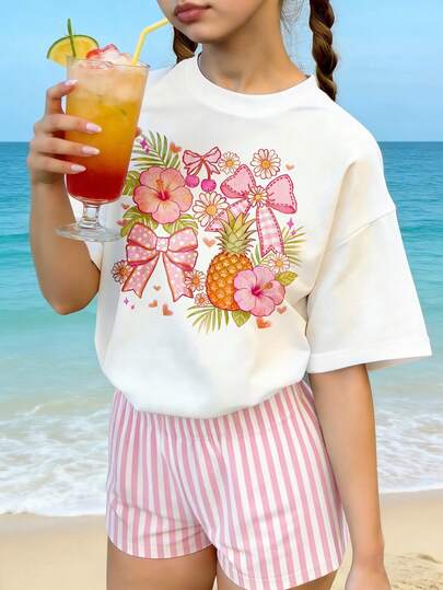 Spring And Summer Girls Casual Fashion Creative Personality Fresh High-End Pink Bow Floral Pineapple Cherry Heart Star Pink White Vertical Stripe Pattern Print Casual Basic Short T-Shirt And Shorts Set, Comfortable Daily Wear, Suitable For Spring And Summer Girls Atmosphere Outfit
