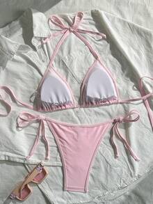 Swim Mod 女士两件套纯色甜美可爱露背系带裤侧系带沙滩度假休闲派对比基尼套装 - 粉色 - 查看 2