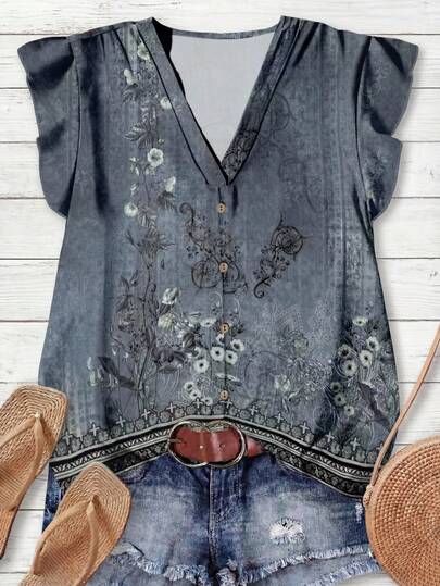 Rusticease 女士休闲复古碎花V领衬衫，适合秋夏季节穿着，波西米亚风，女士秋季服装，休闲百搭