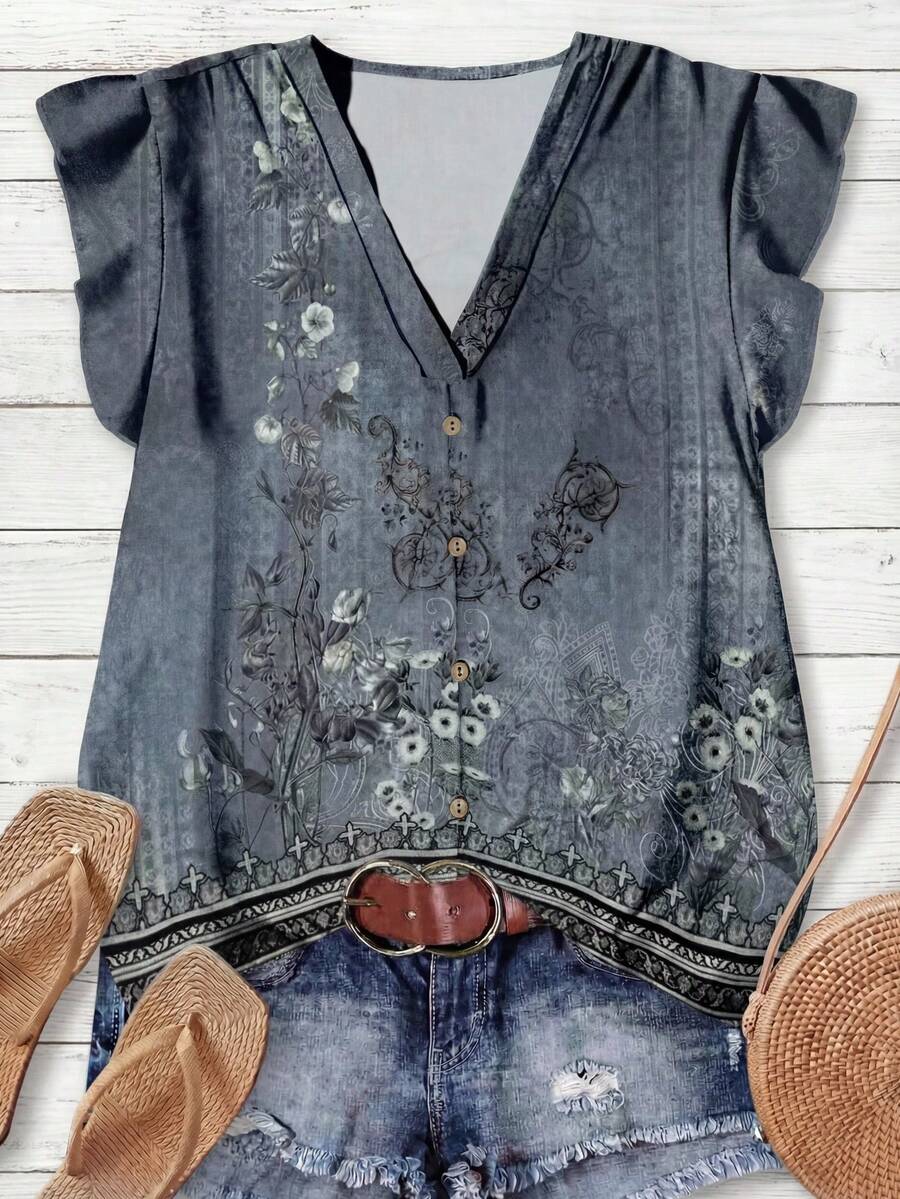 Rusticease 女士休闲复古碎花V领衬衫，适合秋夏季节穿着，波西米亚风，女士秋季服装，休闲百搭 - 藍色 - 查看 1