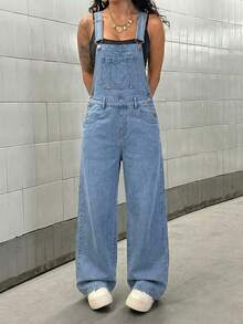 SHEIN Tall Women's Fashionable Casual Everyday Versatile Denim Bib Pants And Jumpsuit - Light Wash - View 3