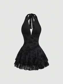 Sweetra Spring/Summer New Flocked Fabric Double-Layer Ruffle Mini Dress, Suitable For Parties, Birthday Celebrations - Black - View 2