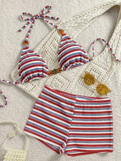 Swim Vcay Women's Summer Casual Cute 2 Pieces Beachwear Set, Resin Bead Decor Triangle Bikini Top And Shorts, Special Fabric Swimsuit