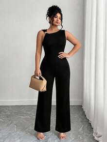Elenzga Plus Size Solid Color Metal Decor Asymmetric Neckline Sleeveless Jumpsuit - Black - View 7