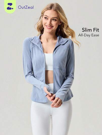 OutZeal 女士运动夹克 健身运动 柔软弹力修身拉链连帽上衣