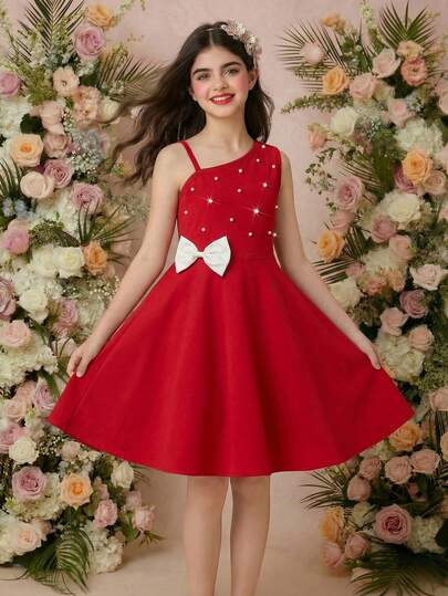 Tween Girls' Asymmetrical Shoulder Strap Dress, Waist Bow Detail + Beaded Decor, A-Line Skirt, Minimalist & Fashionable Style, Suitable For Summer Outings And Party Wear