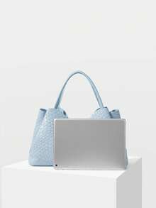 MOTF PREMIUM TAS TOTE WANITA, TAS TANGAN PU TENUN EMBOSSED YANG INDAH, COCOK UNTUK PERJALANAN SEHARI-HARI KE TEMPAT KERJA - Baby Blue - View 4