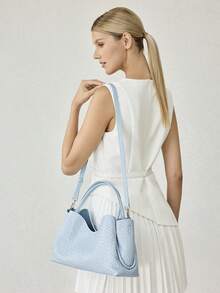 MOTF PREMIUM TAS TOTE WANITA, TAS TANGAN PU TENUN EMBOSSED YANG INDAH, COCOK UNTUK PERJALANAN SEHARI-HARI KE TEMPAT KERJA - Baby Blue - View 8