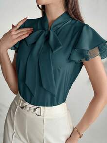 Modelyn Women's Solid Color Tie Collar Ruffle Hem Elegant Short Sleeve Blouse,Summer Top - Teal Blue - View 3