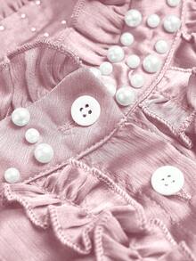 Modelyn Blusa elegante de talla grande de manga larga, cuello alto y ajustada con volantes de unicolor, para primavera/otoño - Rosa Pálido - Ver 5
