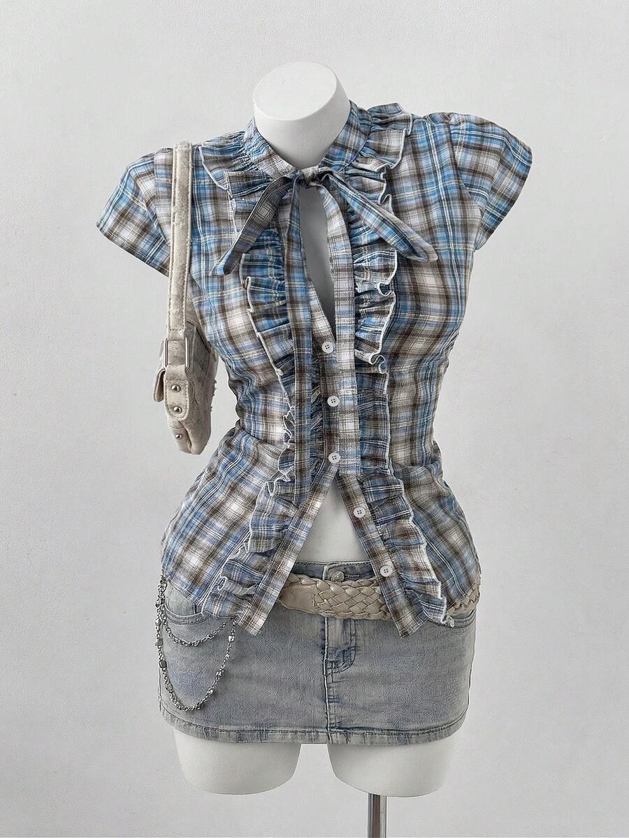 Sunspun 大码荷叶边领蝴蝶结格子短袖修身优雅学院风休闲户外约会派对女式衬衫 - 藍色 - 查看 1