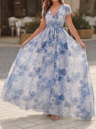 Balvessa Vestido midi de línea A con estampado floral azul, cintura alta, romántico y elegante con mangas cortas para mujeres