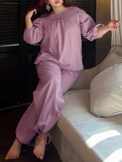 Dazy Plus Bộ đồ ngủ 2 món màu tím thanh lịch dành cho nữ, kiểu dáng cung điện Pháp, tay ngắn, dáng rộng, cỡ lớn, thích hợp cho mùa xuân/hè.