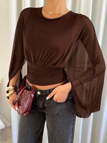 Siren Gaze 女士纯色圆领荷叶袖时尚T恤 - 棕色 - 查看 7