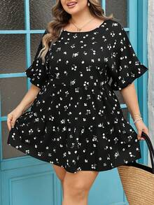 SHEIN CURVE+ Curve 尺码 US22 音乐节、海滨度假、波西米亚风女士夏季休闲褶皱花卉灯笼袖复古波西米亚风衬衫 - 黑色 - 查看 5