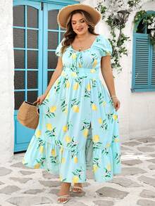SHEIN CURVE+ Curve 尺码 US22 音乐节、海滨度假、波西米亚风女式水果印花开衩褶裥连衣裙 - 彩色 - 查看 7