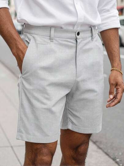 Manfinity CasualCool Men's Casual Slanted Pocket Shorts, Business Formal Shorts, Loose Fit, Knee-Length, Cool, Solid Color, Basic Summer Style.Men Old Money,Daily Leisure, Weekend Trips, Outdoor Activities, Travel Expeditions, Relaxed Work Environments Or Semi-Formal Occasions, Boyfriend/Husband Gift, Anniversary /Birthday Gift Party Summer Vacation Holiday,Wedding,Spring To Summer,Easter,Mens Casual Light Grey Shorts For Summer Comfort,Grey Shorts For Men,Men Dress Shorts,Shorts For Men Zipper,Shorts For Work,Streetwear Men Shorts