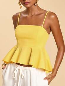 Travachic Women's Elegant Yellow Summer Peplum Hem Cami Top,Minimalist Solid Linen Cami For Tea Party,Vacation Beach Outfits,Boho Holiday,Music Festival Date - Light Yellow - View 4