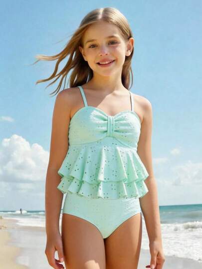 SHEIN 少女吊带比基尼套装，纯色镂空荷叶边两件式泳衣，时尚休闲优雅，适合游泳、夏季度假、海滩、泳池、节日派对