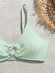 SHEIN Girls' Cute 3 PiecesSwimsuit Set With Shawl/Ruffle Trim, Fashionable Casual Elegant Swimwear Suitable For Swimming, Summer Vacation, Beach, Pool, Holiday Party - Green - View 5