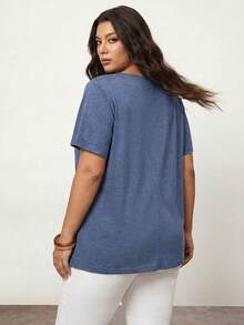 Enliva Plus Size Women Summer Solid Color Notched V-Neck Short Sleeve Casual T-Shirt - Dusty Blue - View 2