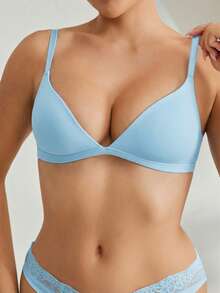 Ocili Women's Comfortable Minimalist Solid Color Wireless Bra With Spaghetti Strap - Baby Blue - View 3