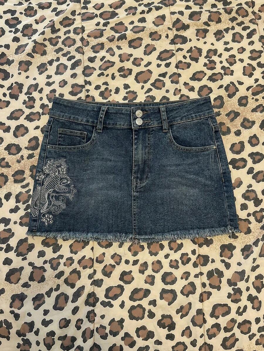 Elamini Women's Summer Casual Embroidered Denim Mini Skirt - Dark Wash - View 1