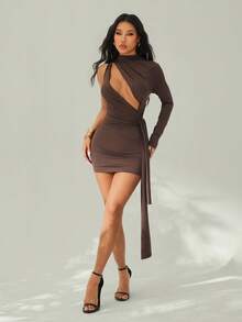 SHEIN PETITE Lowkey Demure Sexy Casual High Neck Asymmetrical One Shoulder Cut Out Sash Mini Dress - Brown - View 6