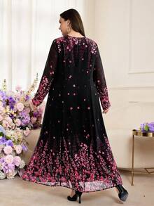 Modelyn Đầm dài tay cổ chữ V họa tiết hoa thanh lịch cỡ lớn cho nữ - màu đen - Xem 2