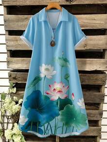 SHEIN Tall CURVE Vestido de verano informal de estilo francés para mujer talla grande con cuello en V y manga corta, vestido de sol azul para mujer, vestido hawaiano para mujer, vestido azul con flores de verano, vestido de verano informal de manga corta para mujer, vestidos de verano para mujer, vestido informal con estampado de loto - Azul - Ver 2