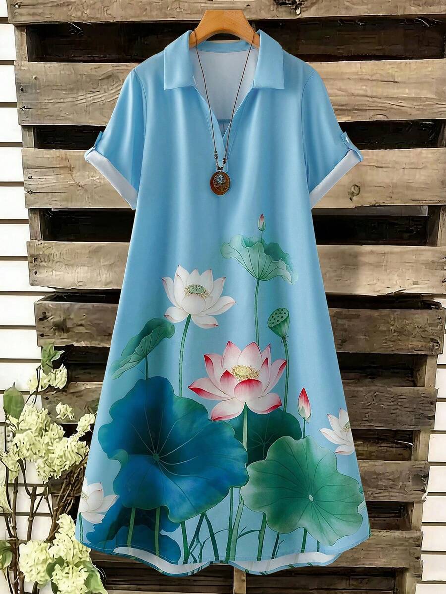 SHEIN Tall CURVE Vestido de verano informal de estilo francés para mujer talla grande con cuello en V y manga corta, vestido de sol azul para mujer, vestido hawaiano para mujer, vestido azul con flores de verano, vestido de verano informal de manga corta para mujer, vestidos de verano para mujer, vestido informal con estampado de loto