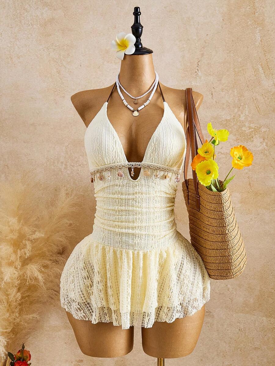 Bellisia Women's White Summer Boho Sexy Holiday Pool Golf Party Solid Color Pleated Pendant Decor Halter Dress,Elegant Vintage Casual Beach Vacation Outfits - Beige - View 1