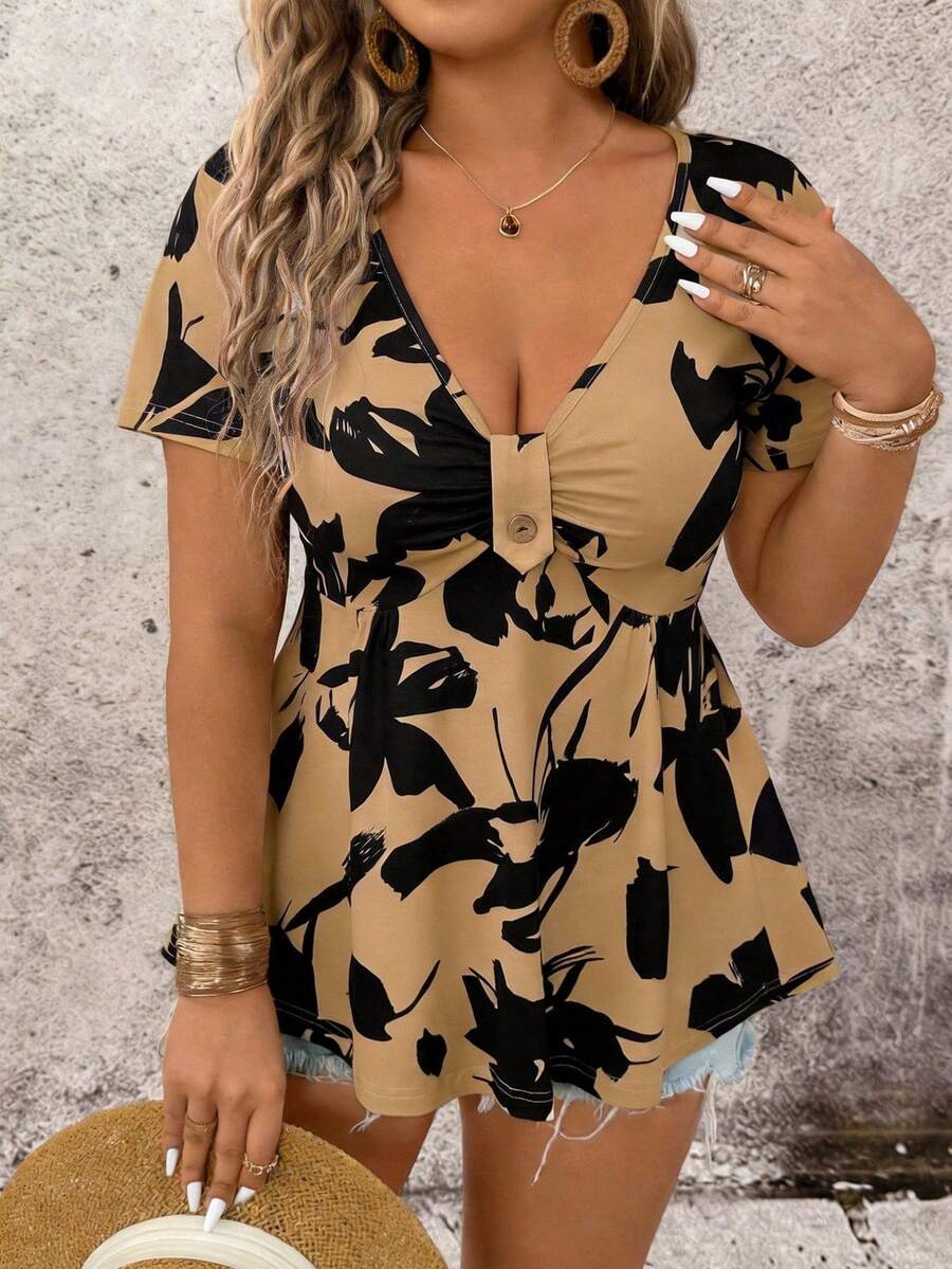 EMERY ROSE Áo thun nữ cỡ lớn in hoa đen trắng thanh lịch, ôm dáng, phù hợp cho đi làm hàng ngày, đi chơi, dự tiệc, chụp ảnh, đi nghỉ mát. - Màu Khaki - Xem 1